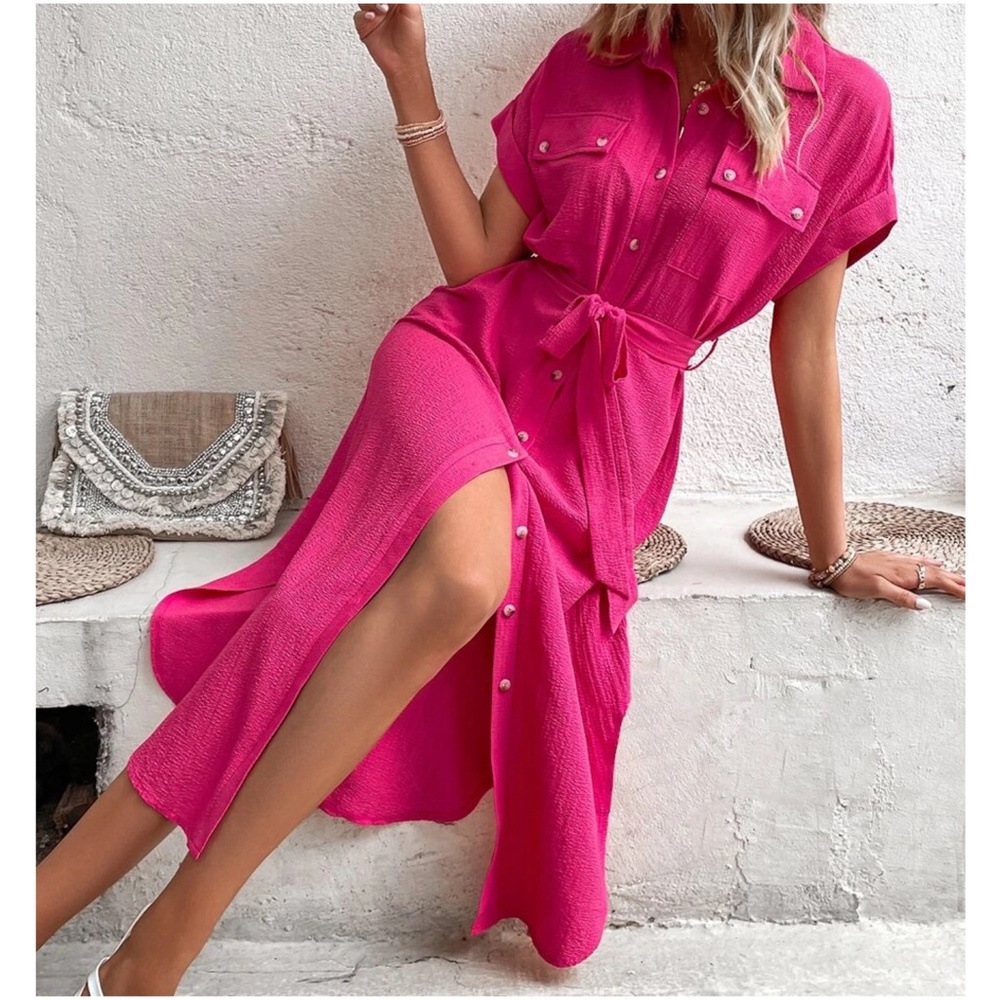 Plus Hot Pink Button up Belted Shirt Midi Dress - Picture 1 of 4